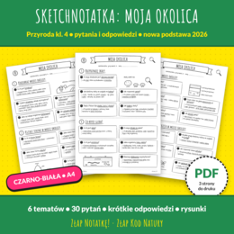 Sketchnotatka „Moja okolica” – przyroda kl. 4 | pytania i odpowiedzi | nowa podstawa 2026 | PDF do druku