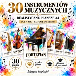 Instrumenty muzyczne – 30 realistycznych plansz A4 do druku