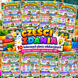 CZĘŚCI ZDANIA – 10 kolorowych plansz edukacyjnych A4 | podmiot, orzeczenie, dopełnienie, przydawka, okolicznik