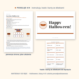 Gazetka na Halloween 31 października: napis, 10 plansz o historii i tradycjach z osią czasu, hasła i karty ze słówkami, klasy 4-8 i szkoła ponadpodstawowa