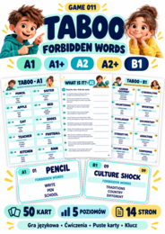 GRA Taboo – Forbidden Words | Gra językowa A1–B1 | 50 kart + ćwiczenia | 14 stron