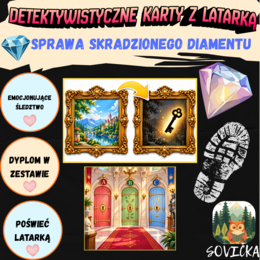 Detektywistyczne karty z latarką 🔦 Sprawa skradzionego diamentu 💎 | Gra detektywistyczna z latarką + dyplom