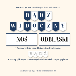 Gazetka Bądź widoczny, noś odblaski: napis, 10 plansz o widoczności pieszych, przepisach i dobrych radach, hasła i karty, klasy 4-8