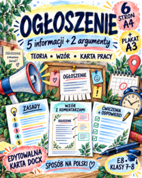 Ogłoszenie – zasady, wzór, karta pracy i plakat A3 | E8, klasy 7–8