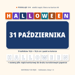 Gazetka na Halloween 31 października: napis, 10 plansz o tradycjach krajów anglojęzycznych, hasła i dekoracje, klasy 1-3