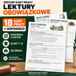 Lektury obowiązkowe – 18 kart pracy z odpowiedziami | Egzamin ósmoklasisty | Język polski, klasy 7–8