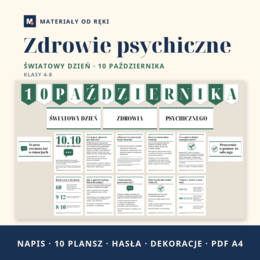 Gazetka na Światowy Dzień Zdrowia Psychicznego 10 października: napis, 10 plansz o emocjach, stresie i szukaniu wsparcia, klasy 4-8