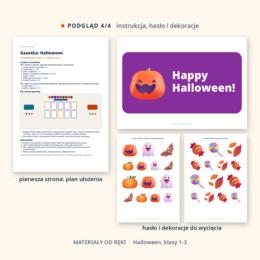Gazetka na Halloween 31 października: napis, 10 plansz o tradycjach krajów anglojęzycznych, hasła i dekoracje, klasy 1-3
