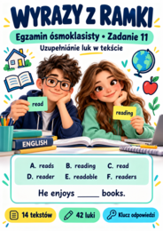 Wyrazy z ramki – E8 | 14 tekstów z lukami + klucz odpowiedzi