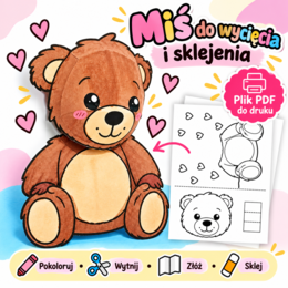 Miś 3D do wycięcia i sklejenia – wycinanka PDF, praca plastyczna dla dzieci Dzień Misia