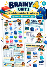Brainy 4 Unit 1 — przedmioty szkolne, liczby i „to be” | 15 stron + 2 gry