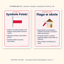 Gazetka na Narodowe Święto Niepodległości 11 listopada: napis, 8 plansz o symbolach Polski, hasła i dekoracje, klasy 1-3