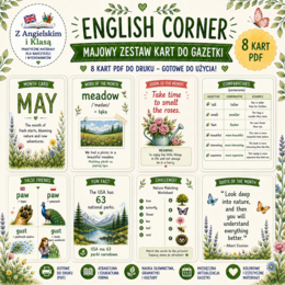 English Corner – MAJ | Zestaw wymiennych kart do gazetki szkolnej | Dekoracja pracowni języka angielskiego PDF