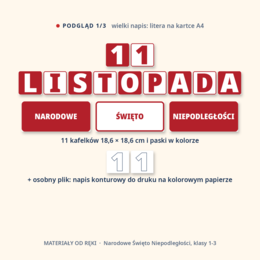 Gazetka na Narodowe Święto Niepodległości 11 listopada: napis, 8 plansz o symbolach Polski, hasła i dekoracje, klasy 1-3