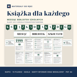 Gazetka Miesiąc Bibliotek Szkolnych - Książka dla każdego: napis, 10 plansz o czytaniu, bibliotece i sprawdzaniu informacji, hasła i karty, klasy 4-8 i szkoła ponadpodstawowa