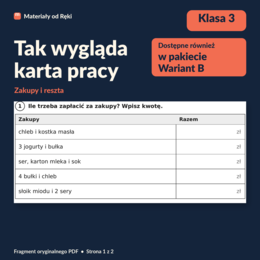 Obliczenia pieniężne: zakupy i reszta - karta pracy z kluczem | Matematyka, klasa 3 | Wariant B