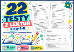 📘 Testy ze znajomości treści lektur klas 4–8 – 22 testy, 440 zadań + klucz odpowiedzi