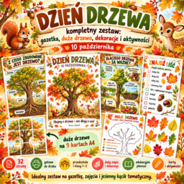 Dzień Drzewa – kompletny zestaw gazetka, duże drzewo, dekoracje i aktywności
