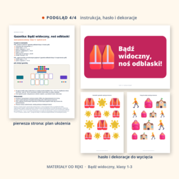 Gazetka Bądź widoczny, noś odblaski: napis, 9 plansz o odblaskach, przepisach dla pieszych i bezpiecznej drodze do szkoły, hasła i dekoracje, klasy 1-3