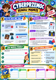 CYBERPRZEMOC – REAGUJ MĄDRZE! | 4 kolorowe karty pracy dla klas 4–8