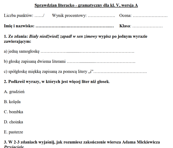 Sprawdzian literacko - gramatyczny dla kl. V