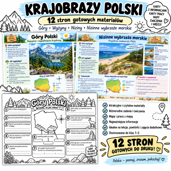 Krajobrazy Polski – góry, wyżyny, niziny i wybrzeże | 12 stron kart pracy i materiałów edukacyjnych