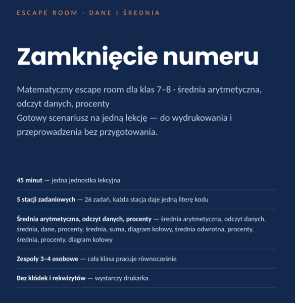 Escape room matematyczny: Zamknięcie numeru — statystyka (klasy 6–8, PDF)