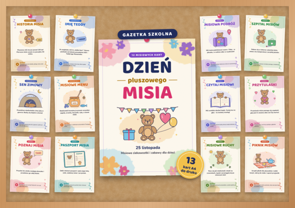 Dzień Pluszowego Misia – gazetka szkolna do druku | 13 kart A4 w stylu akwareli