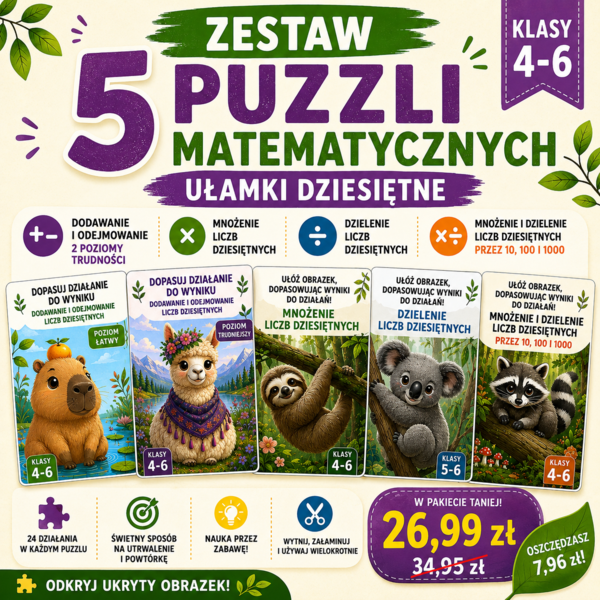Zestaw 5 puzzli matematycznych – ułamki dziesiętne: dodawanie, odejmowanie, mnożenie i dzielenie | klasy 4–6