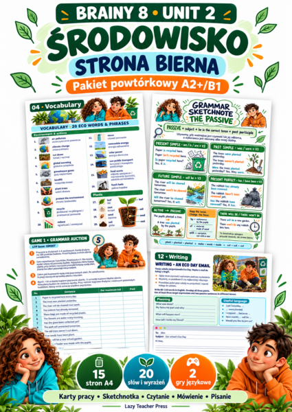 Brainy 8 Unit 2 – Środowisko i strona bierna | 15 stron, sketchnotka i 2 gry | A2+/B1