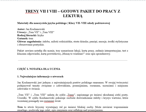 Treny VII i VIII- gotowy pakiet do pracy z lekturą