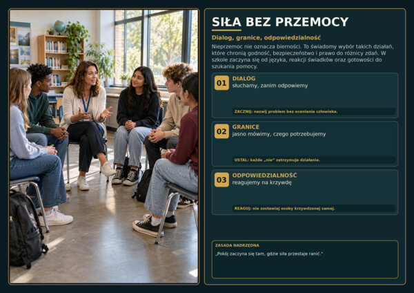 Siła bez przemocy – dialog, granice, odpowiedzialność | 18 plansz, klasy 5+