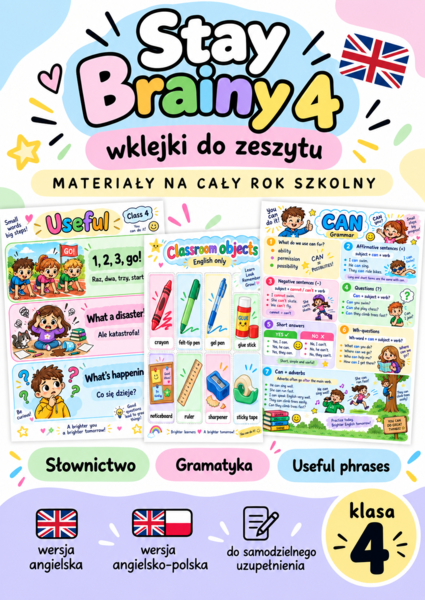 Stay Brainy 4 – wklejki do zeszytu | słownictwo + gramatyka + Useful Phrases | cały rok