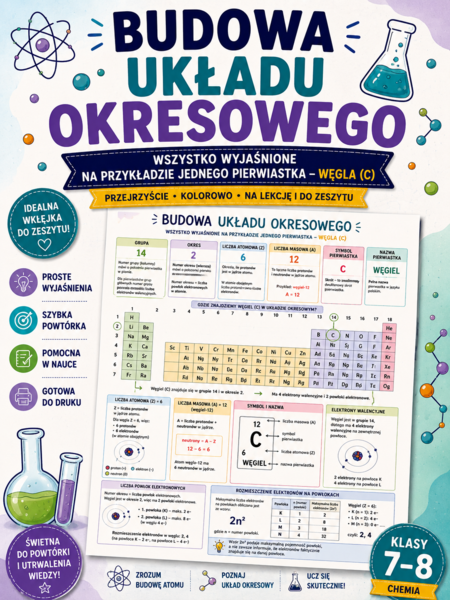 BUDOWA UKŁADU OKRESOWEGO –na przykładzie:  WĘGIEL (C) | Wklejka do zeszytu | Klasy 7–8