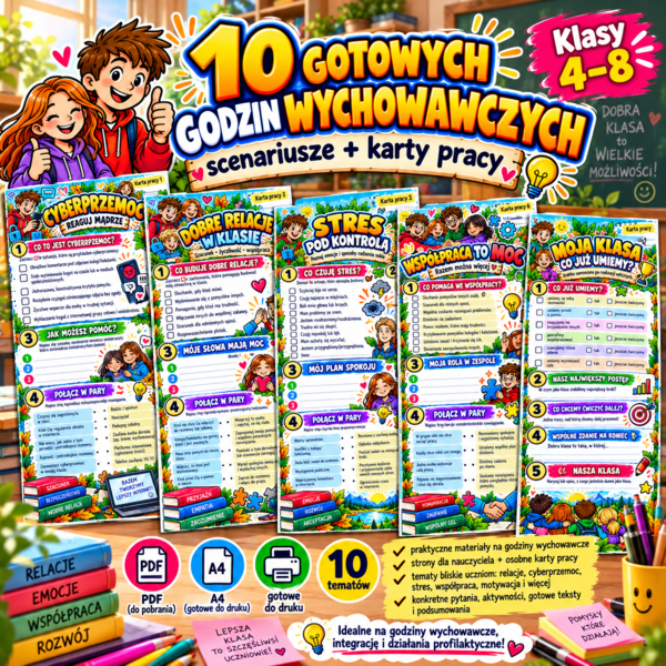 10 GOTOWYCH GODZIN WYCHOWAWCZYCH – scenariusze 45 min + kolorowe karty pracy A4 | klasy 4–8