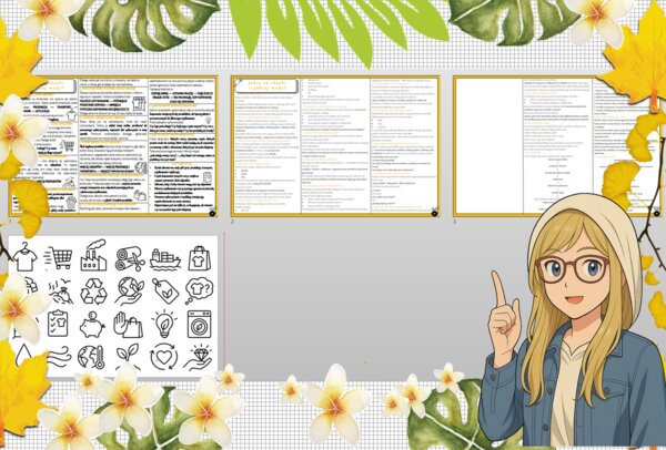 Sketchnotka/notatka - dla ucznia i przypomnienie dla nauczyciela w pdf. Temat "Jakie są skutki szybkiej mody?". Edukacja zdrowotna. Klasa 8.