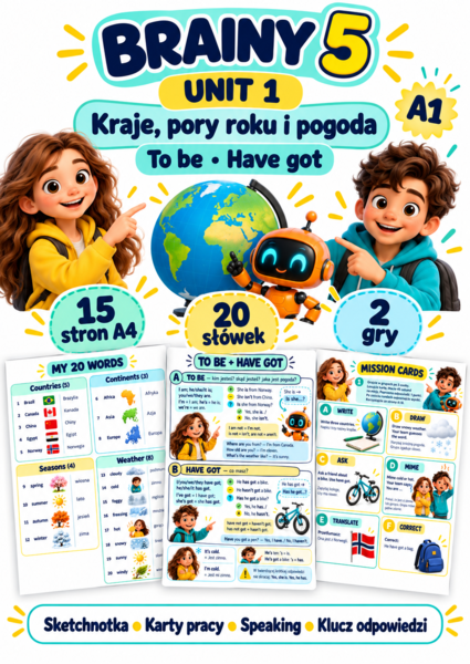 Brainy 5 Unit 1 — kraje, pogoda, to be i have got | 15 stron, sketchnotka i 2 gry | A1