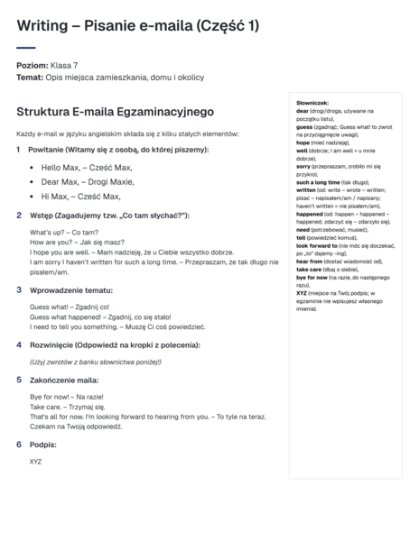 Zestaw Ćwiczeń: PROSTY E-mail Egzaminacyjny - pisanie sterowane, bank zwrotów, uzupełnianie luk