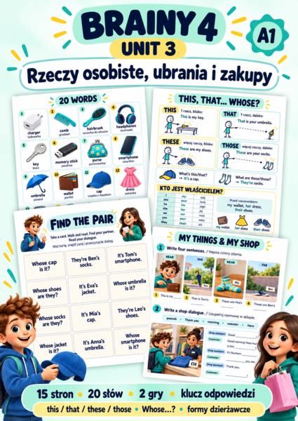 Brainy 4 Unit 3 — rzeczy osobiste, ubrania i zakupy | 15 stron, gramatyka i 2 gry