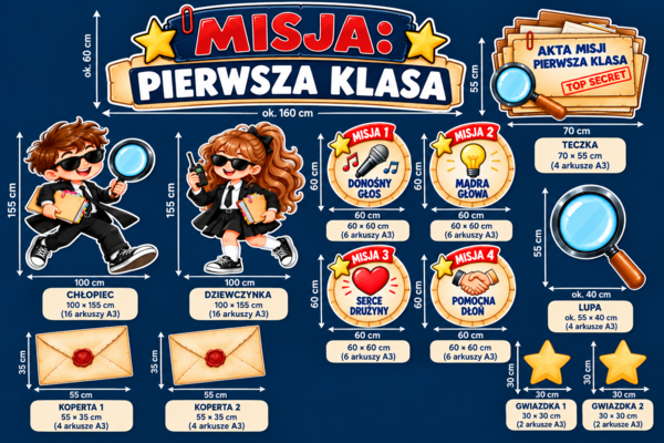 Ślubowanie pierwszoklasistów – MISJA: PIERWSZA KLASA | Dekoracja XXL do druku PDF