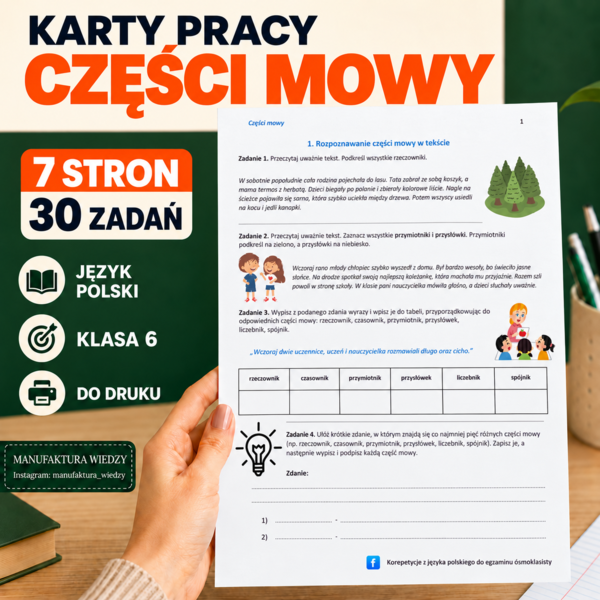 Karty pracy – części mowy, zadania, klasa 6: rzeczownik, czasownik, przymiotnik, przysłówek, liczebnik, przyimek, partykuła, wykrzyknik [PDF] – język polski