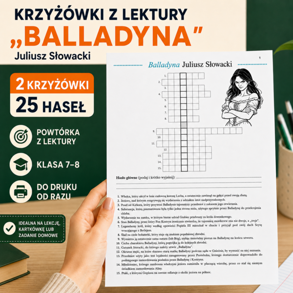 Krzyżówka z lektury „Balladyna” – karta pracy | Klasa 7–8 | powtórka, kartkówka, egzamin ósmoklasisty