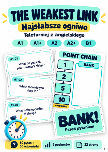 GRA The weakest link - Najsłabsze ogniwo — teleturniej z angielskiego | 50 pytań i odpowiedzi | A1–B1 | 22 strony
