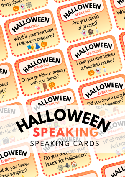 Zestaw 72 Halloween Speaking Cards - emoji - do wydrukowania - karty - mówienie - angielski - lekcja halloweenowa - .pdf