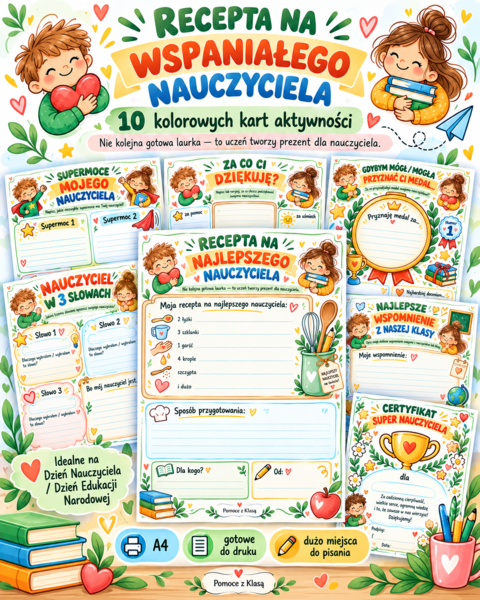 10 kart aktywności - „Recepta na wspaniałego nauczyciela” na Dzień Nauczyciela