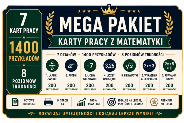 MEGA PAKIET kart pracy z matematyki | 1400 przykładów | 7 tematów | PDF do druku