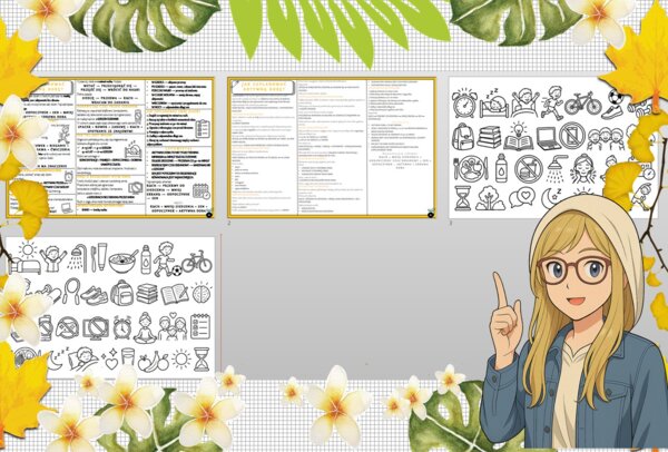 Sketchnotka/notatka - dla ucznia i przypomnienie dla nauczyciela w pdf. Temat "Jak zaplanować aktywną dobę?". Edukacja zdrowotna. Klasa 7.