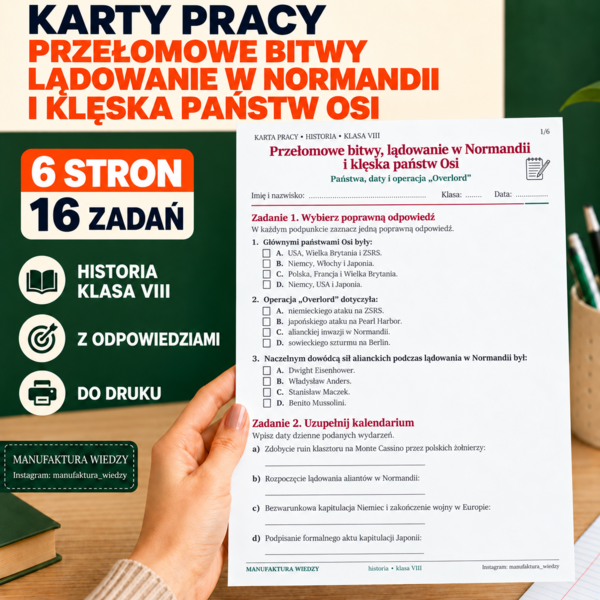 II wojna światowa – przełomowe bitwy, lądowanie w Normandii i klęska państw Osi | Historia, klasa 8 | Karty pracy z odpowiedziami