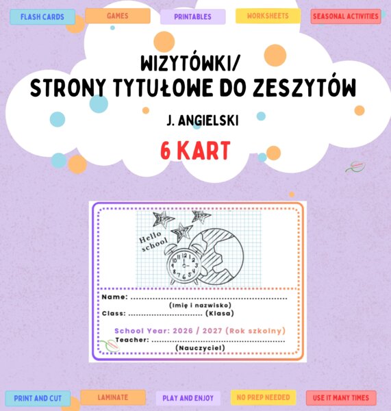 Wizytówka zeszytu z j. angielskiego dla klas 1- 3. Strona tytułowa/ metryczka/ okładka zeszytu
