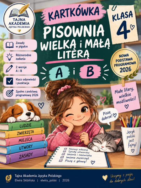 Kartkówka – Pisownia wielką i małą literą | Klasa 4 | 2 wersje A i B | Język polski | PDF